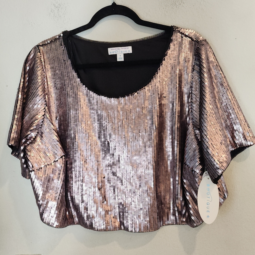 NWT Ashley Nell Tipton For Boutique Rose Pink Taupe Sequin S/S Crop Top 1X